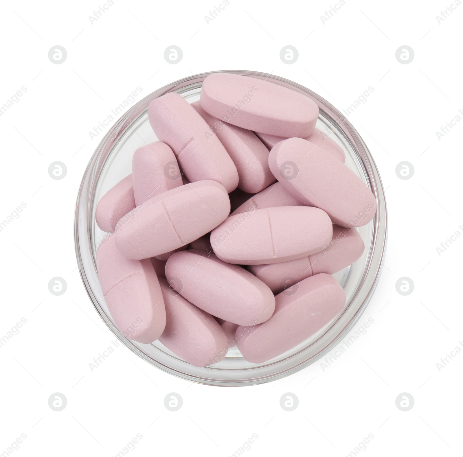 Photo of Vitamin pills in bowl isolated on white, top view. Health supplement