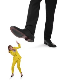 Image of Big man stepping onto small woman on white background