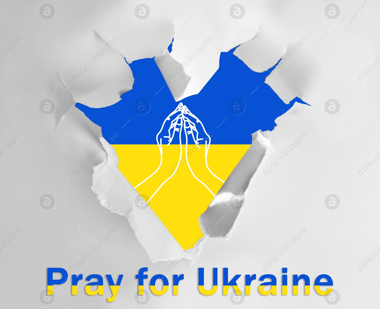 Illustration of Pray For Ukraine. Ukrainian flag with illustration of hands, view through heart shaped hole in white paper with phrase