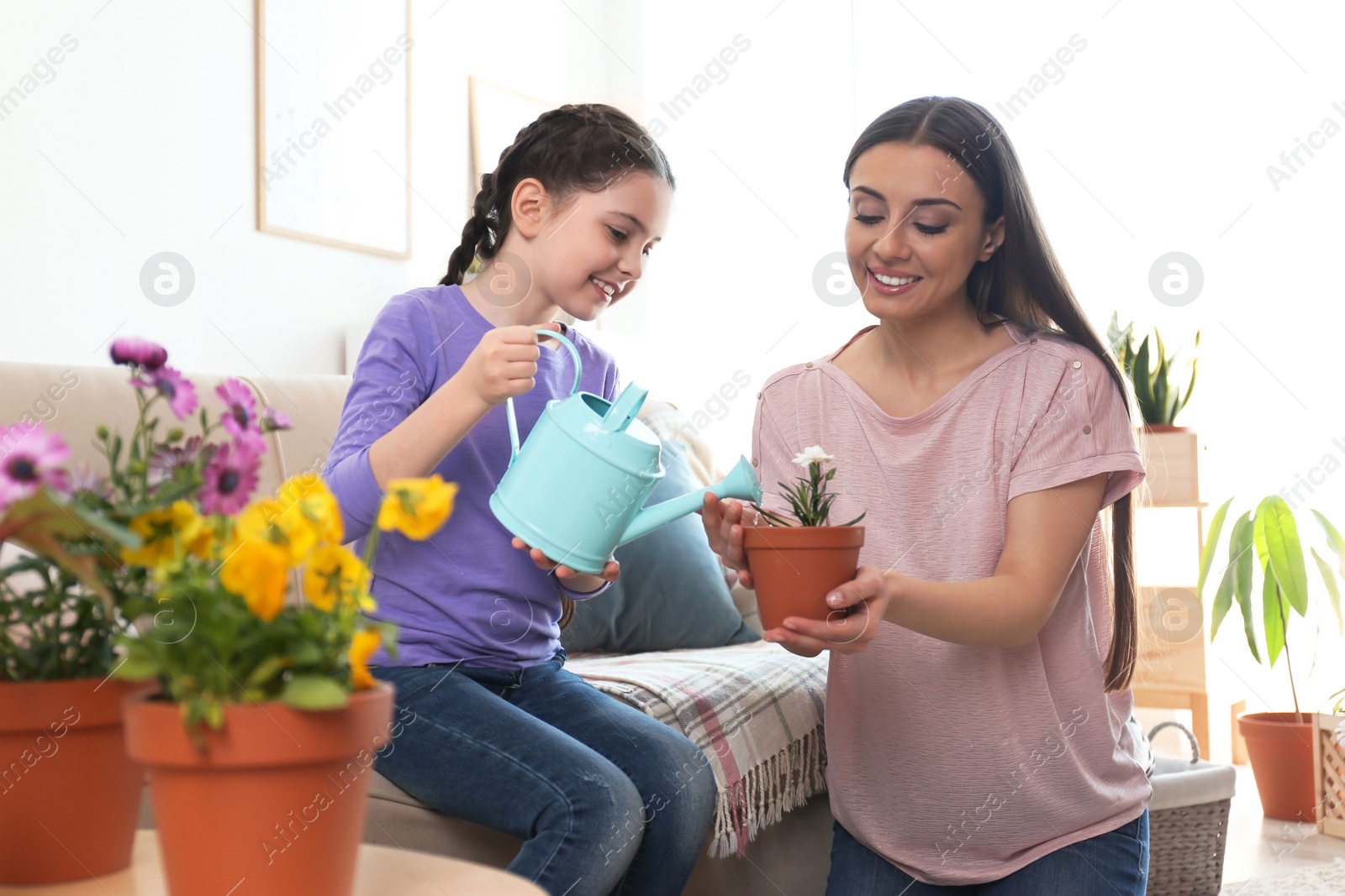 Photo of Mother and daughter watering potted plants at home