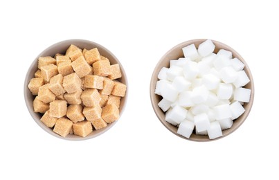 Image of Different types of sugar isolated on white, top view