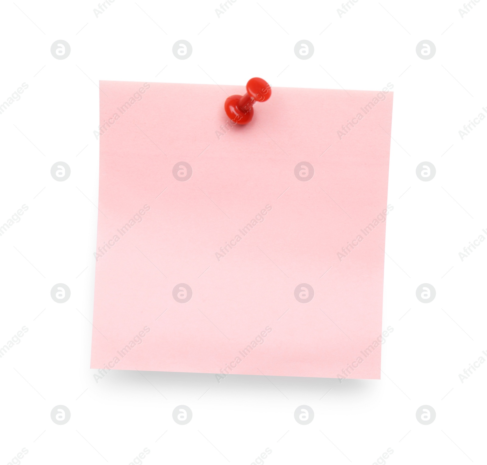 Photo of Blank pink note pinned on white background, top view