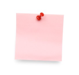 Blank pink note pinned on white background, top view