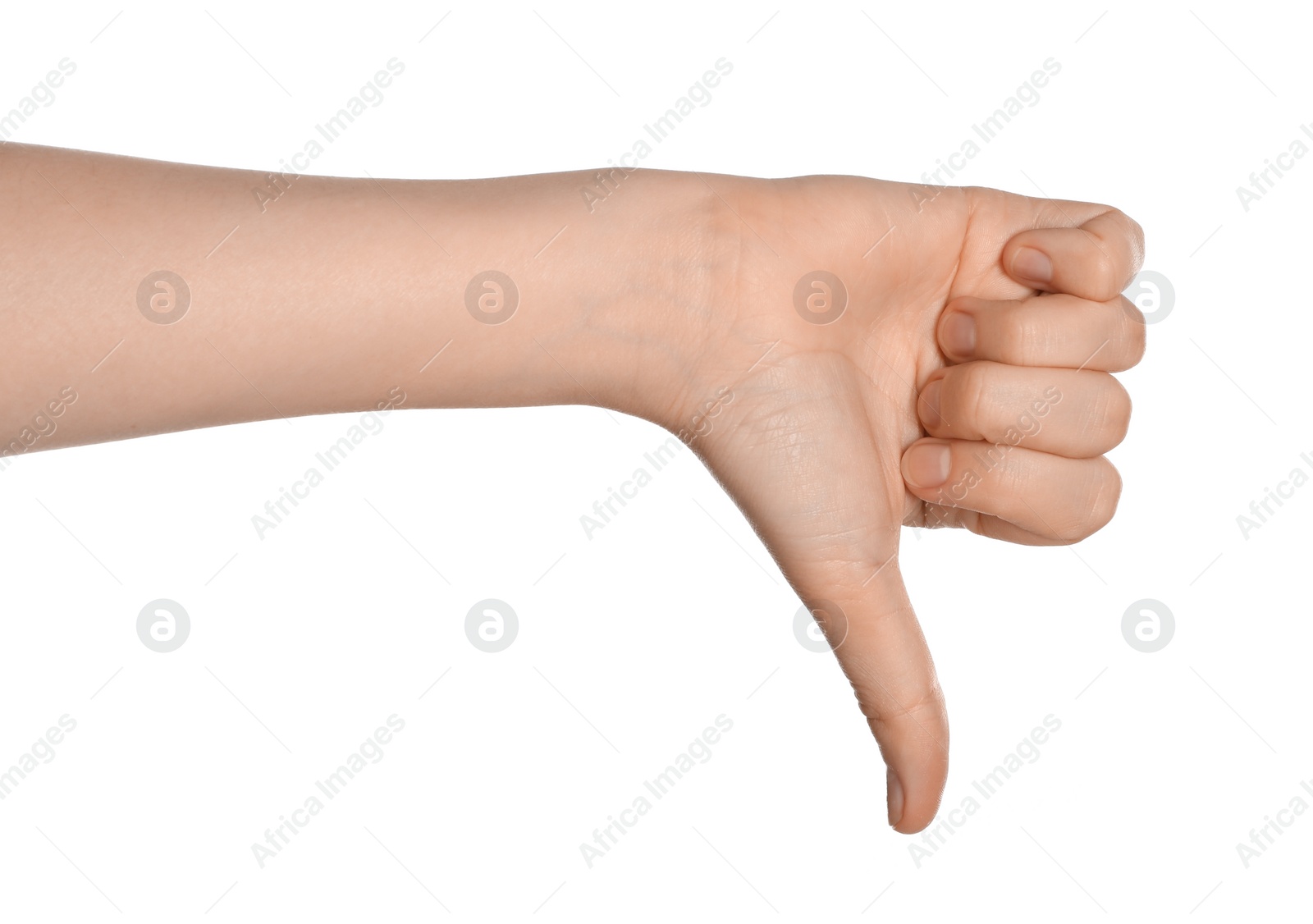 Photo of Woman showing thumb down gesture on white background, closeup of hand