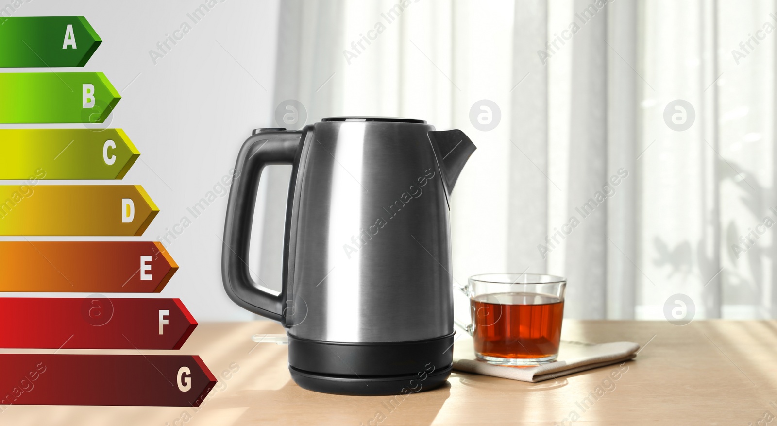 Image of Energy efficiency rating label and electric kettle in kitchen