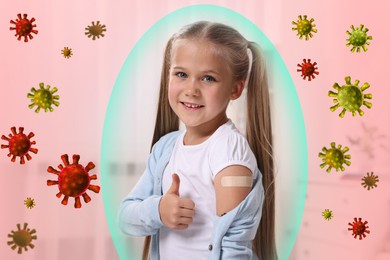 Image of Girl with strong immunity due to vaccination surrounded by viruses on pink background