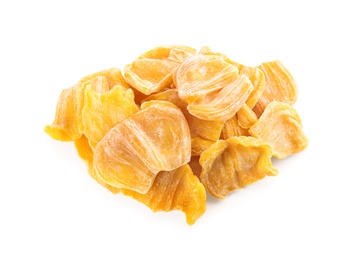Photo of Sweet dried jackfruit slices on white background, top view