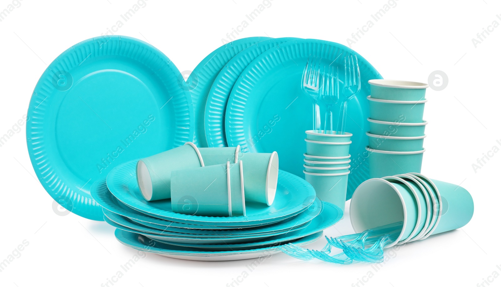 Photo of Set of disposable tableware on white background