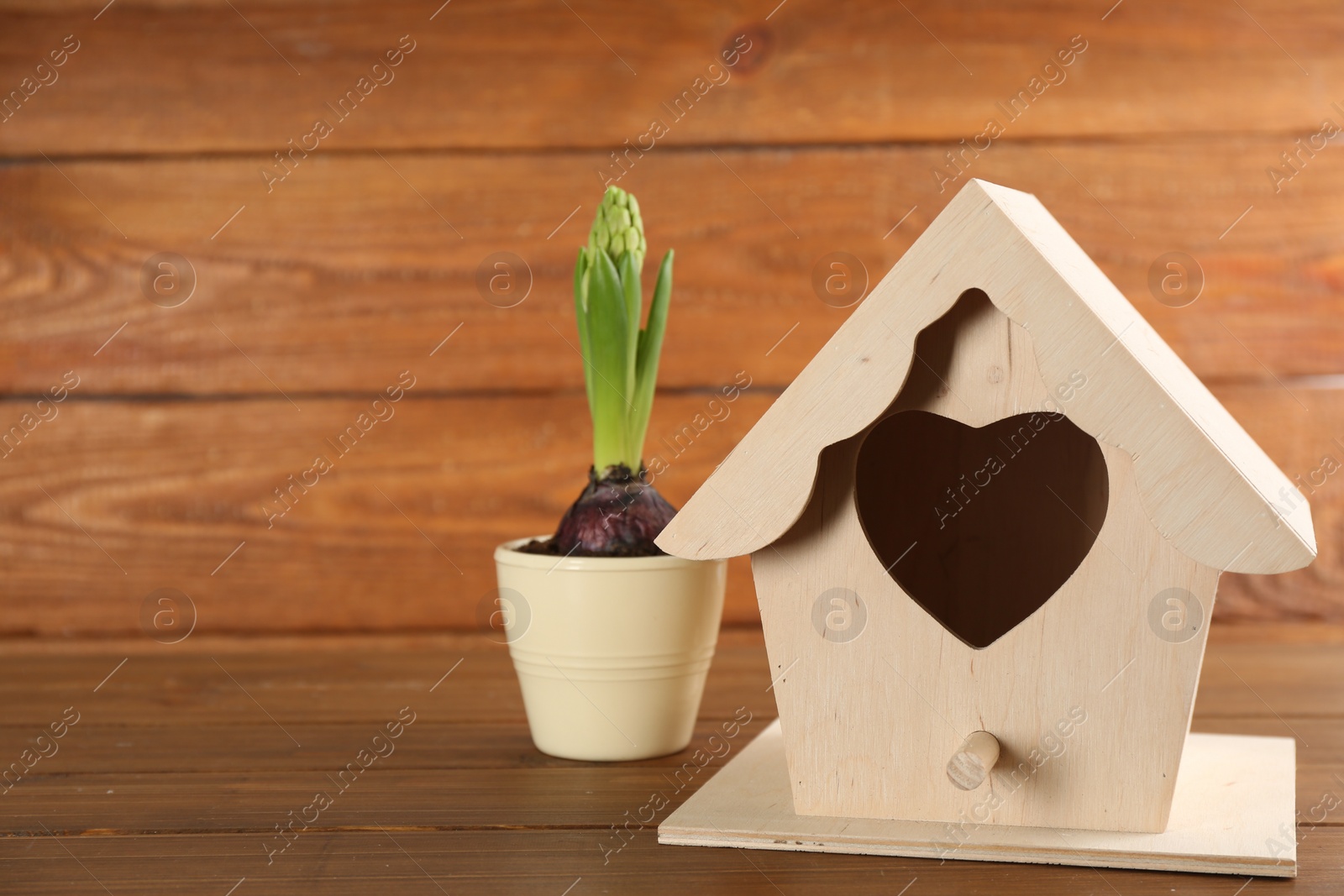 Photo of Beautiful bird house and potted hyacinth flower on wooden table, space for text