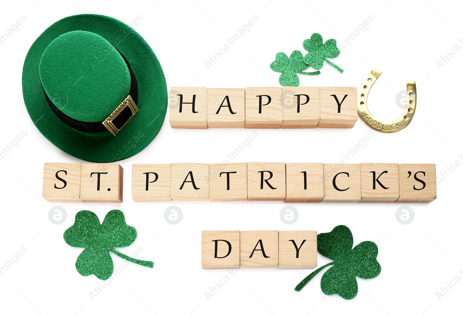 Photo of Words Happy St. Patrick's day and festive decor on white  background, top view