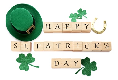 Words Happy St. Patrick's day and festive decor on white  background, top view