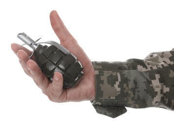 Photo of Soldier holding hand grenade on white background, closeup. Military service