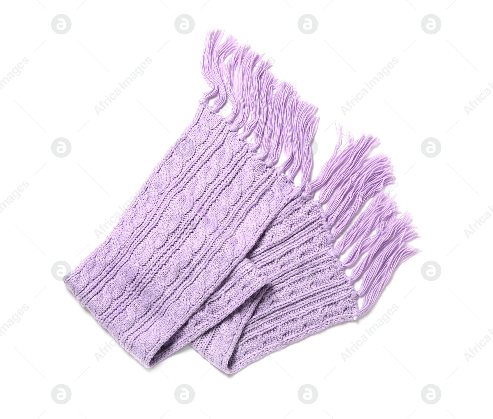 Photo of Lilac knitted scarf isolated white, top view