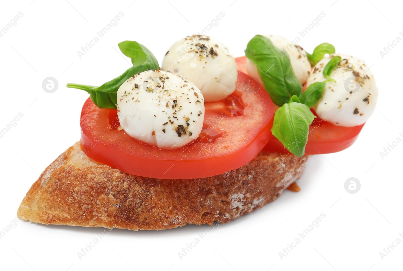 Photo of Delicious sandwich with mozzarella, fresh tomato and basil isolated on white