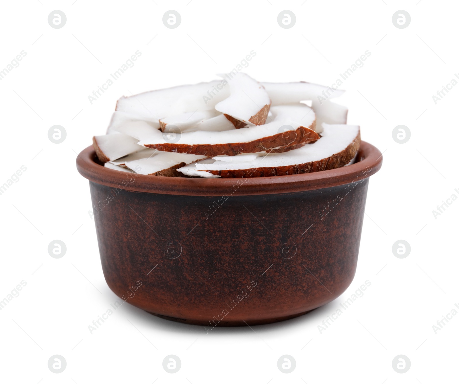 Photo of Coconut pieces in bowl isolated on white