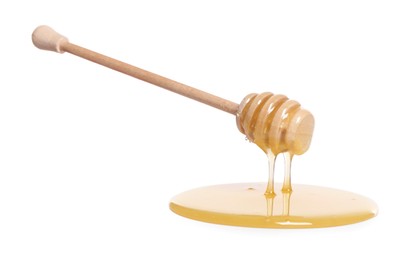 Photo of Natural honey dripping from dipper on white background