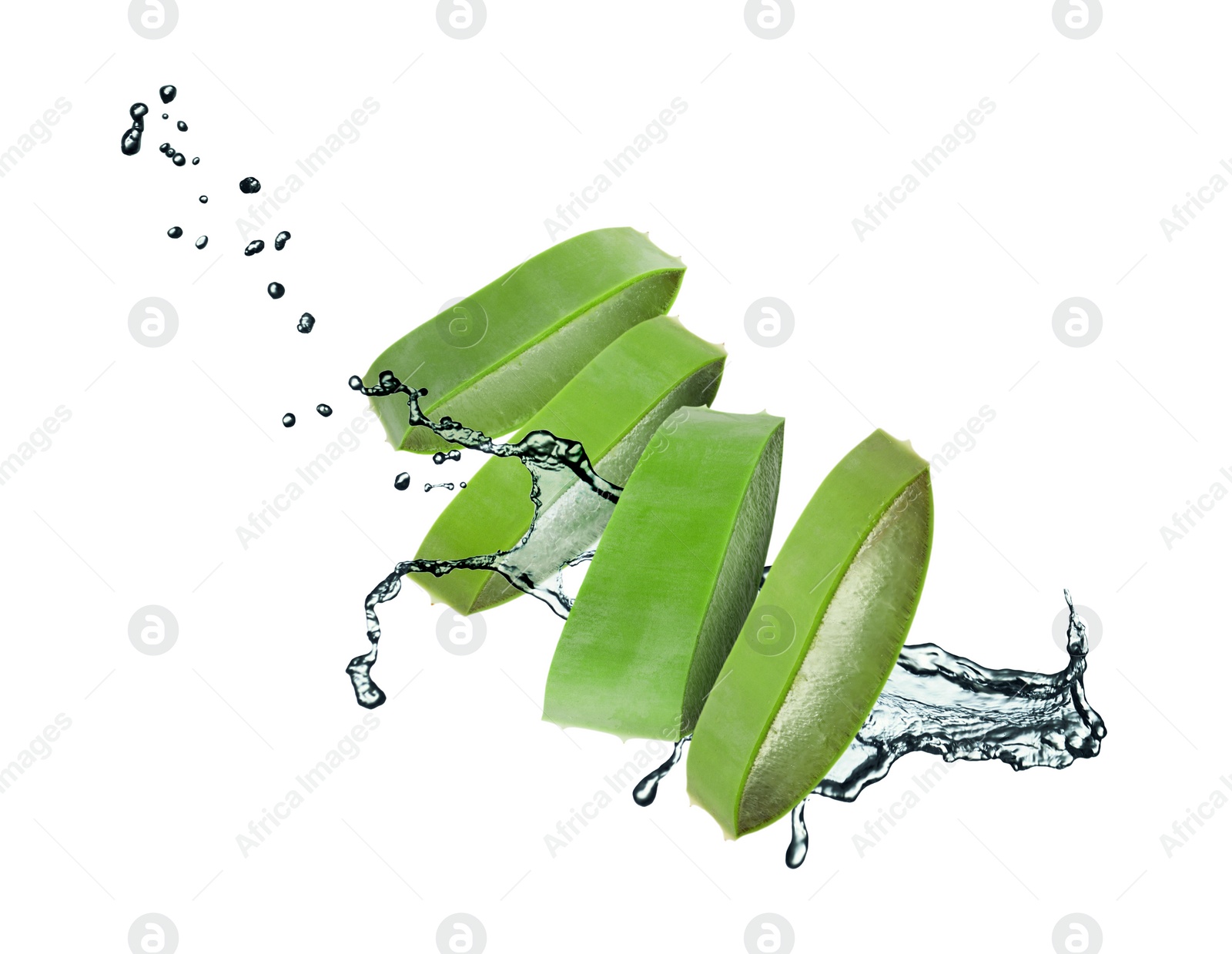 Image of Sliced aloe vera leaf and splashes of juice on white background