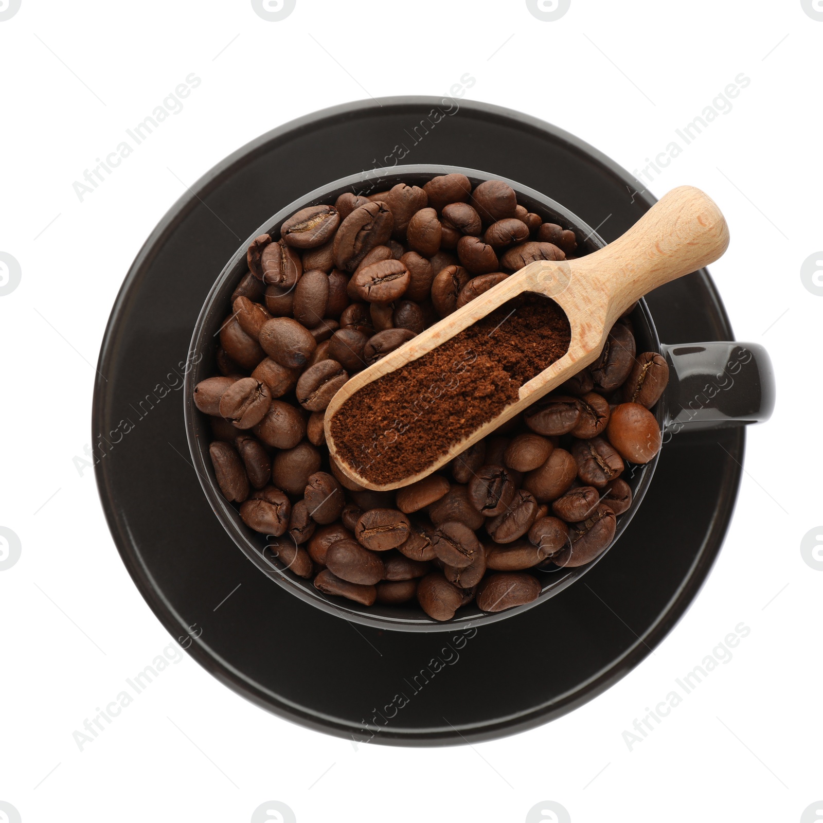 Photo of Coffee grounds and roasted beans on white background, top view