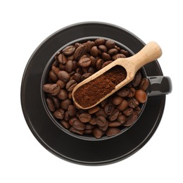 Coffee grounds and roasted beans on white background, top view