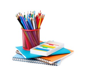 Photo of Different school stationery on white background. Back to school