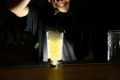 Bartender decorating glass of fresh alcoholic cocktail at bar counter, closeup