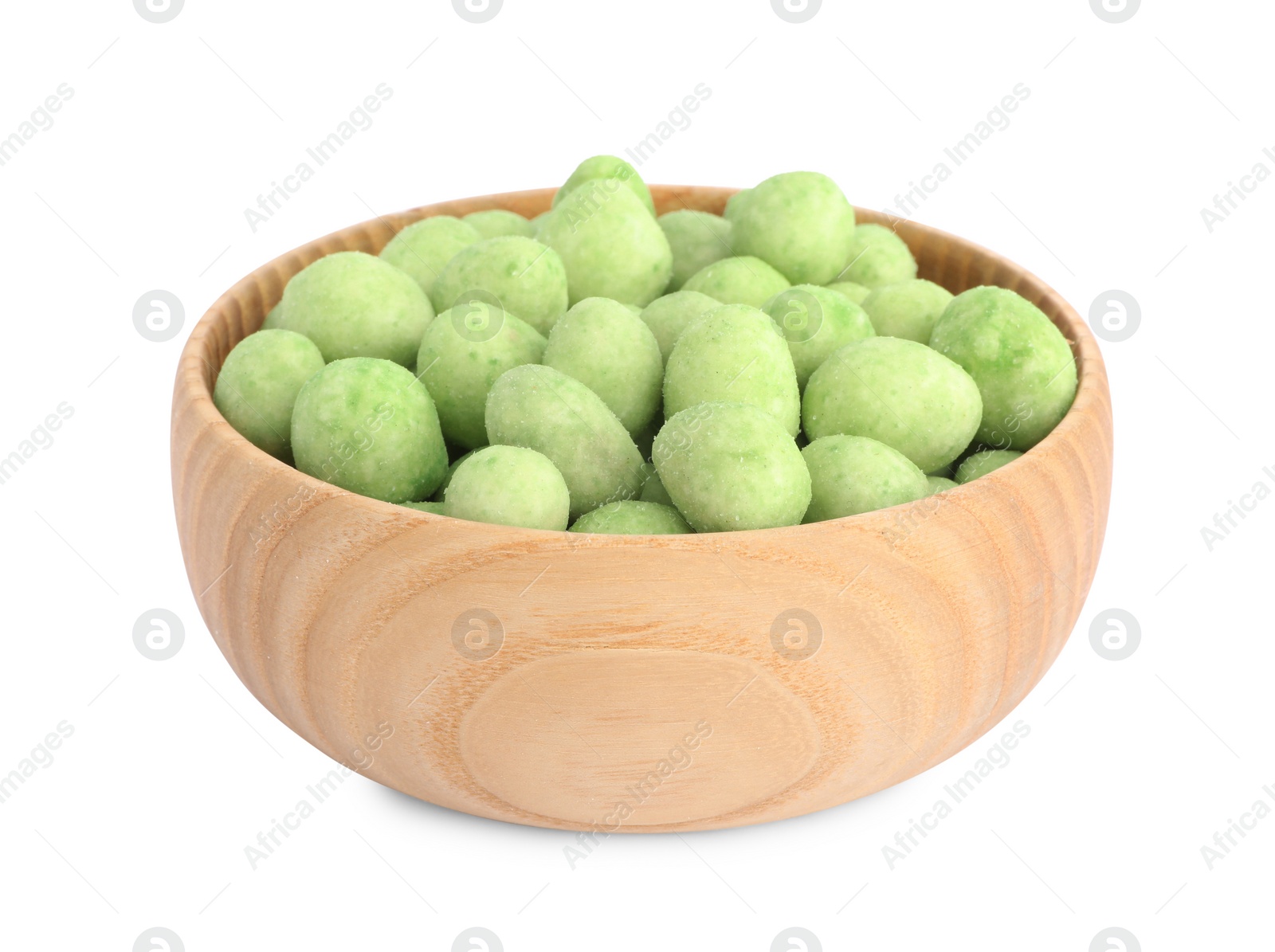 Photo of Tasty wasabi coated peanuts in wooden bowl on white background