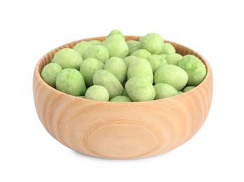 Photo of Tasty wasabi coated peanuts in wooden bowl on white background