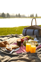Photo of Picnic blanket with delicious food and juice outdoors on sunny day