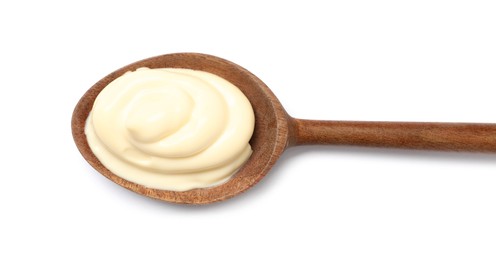 Photo of Wooden spoon with tasty mayonnaise isolated on white, top view