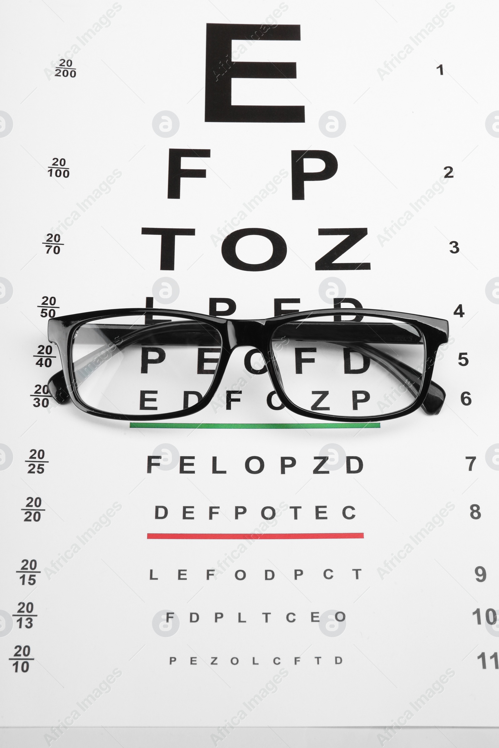 Photo of Glasses on vision test chart, above view