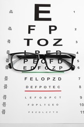 Photo of Glasses on vision test chart, above view