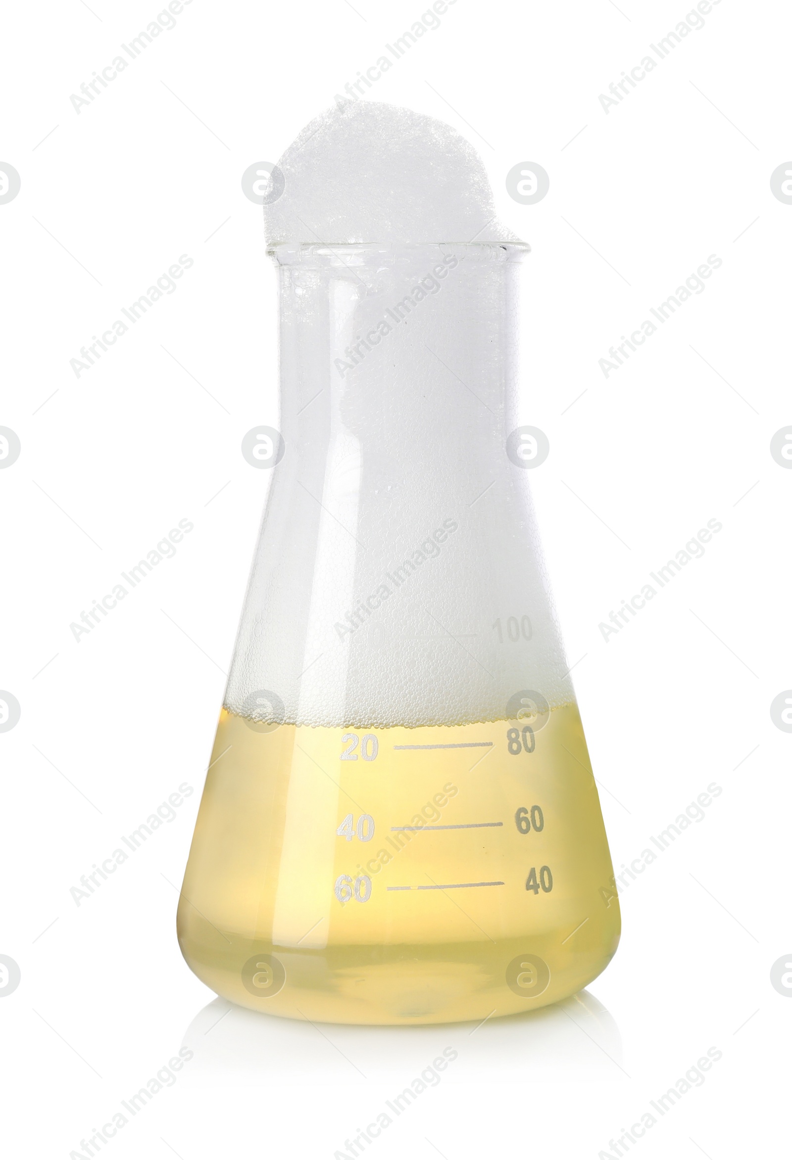 Photo of Laboratory flask with colorful liquid isolated on white. Chemical reaction