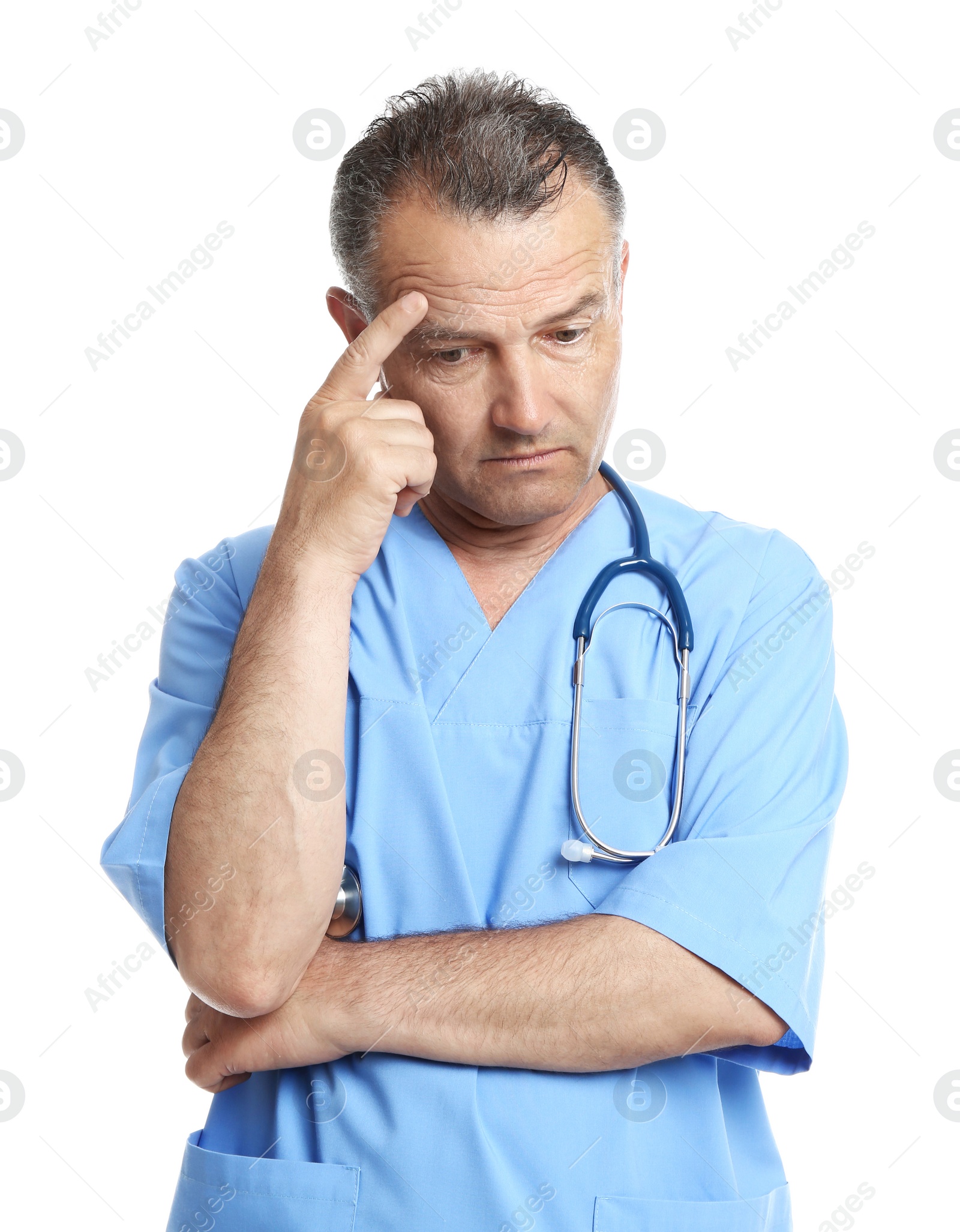 Photo of Portrait of experienced doctor in uniform on white background. Medical service