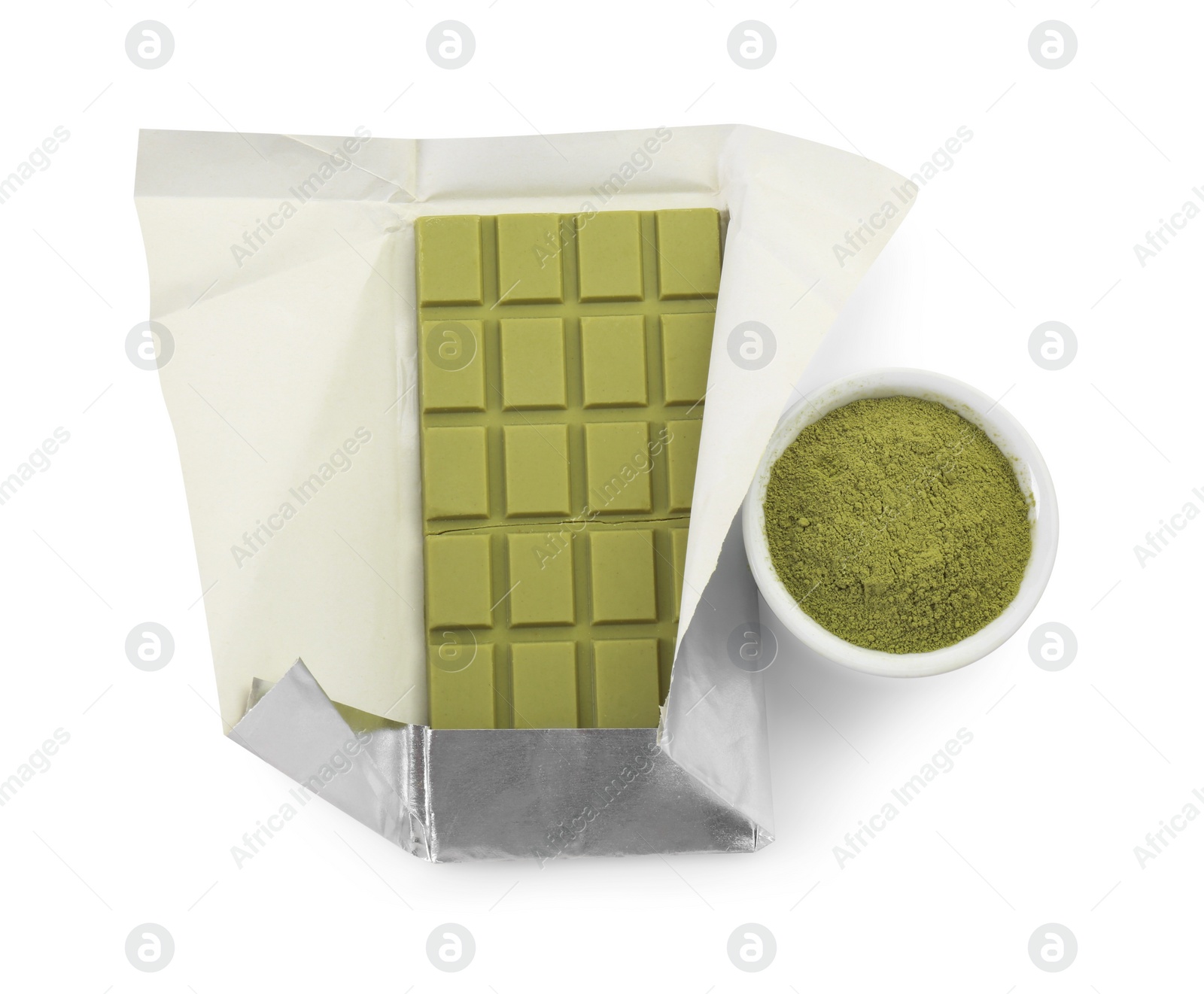 Photo of Tasty matcha chocolate bar wrapped in foil and powder isolated on white, top view