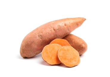 Photo of Fresh ripe sweet potatoes on white background