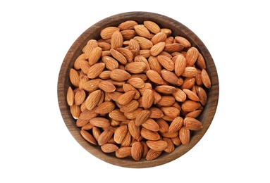 Photo of Bowl with organic almond nuts on white background, top view