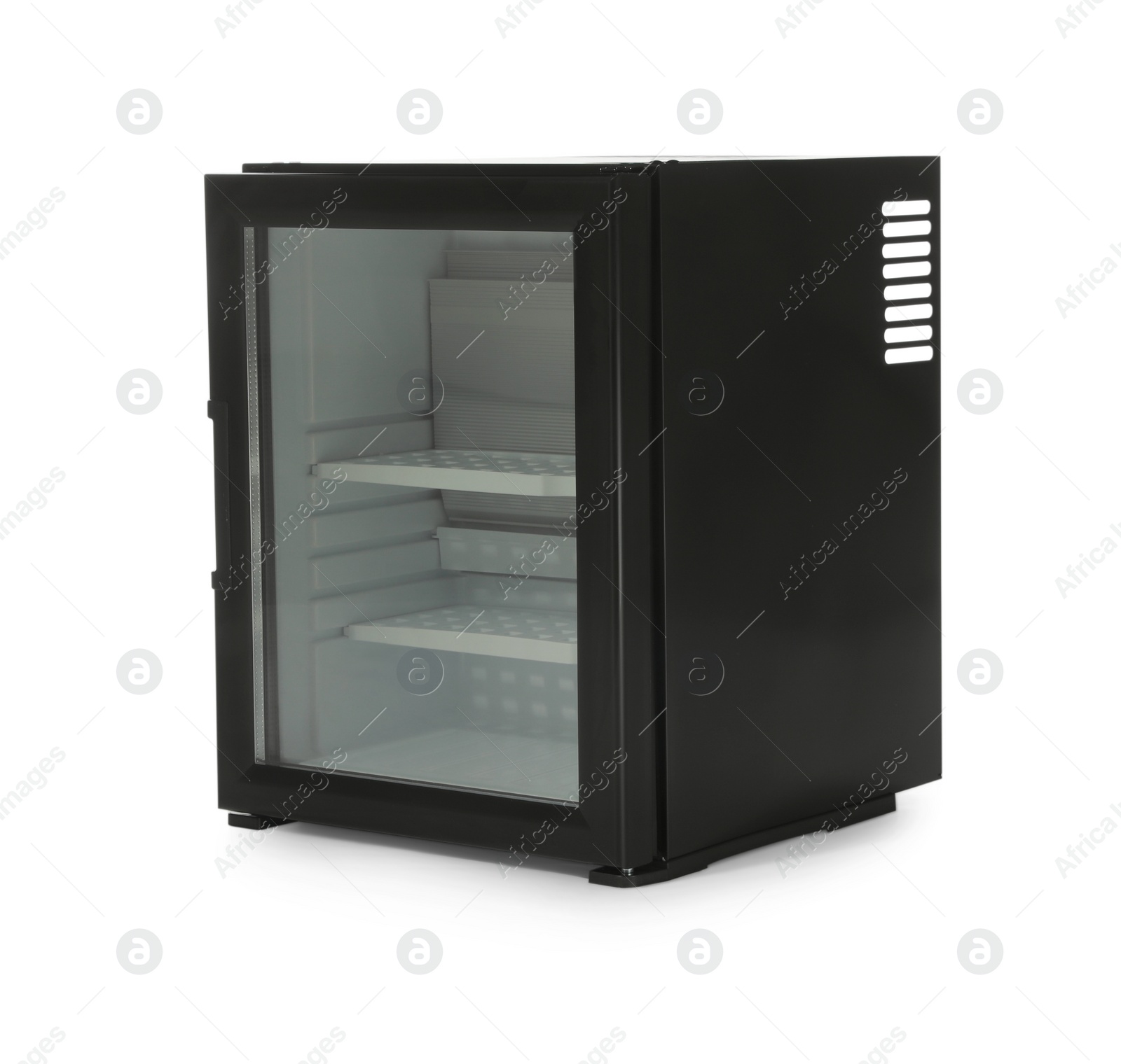 Photo of Empty mini bar with glass door isolated on white