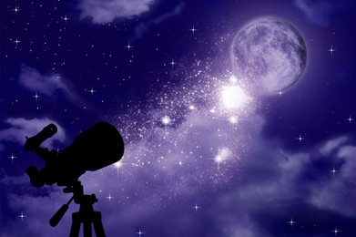 Image of Astronomy. Viewing beautiful starry sky with full moon through telescope at night