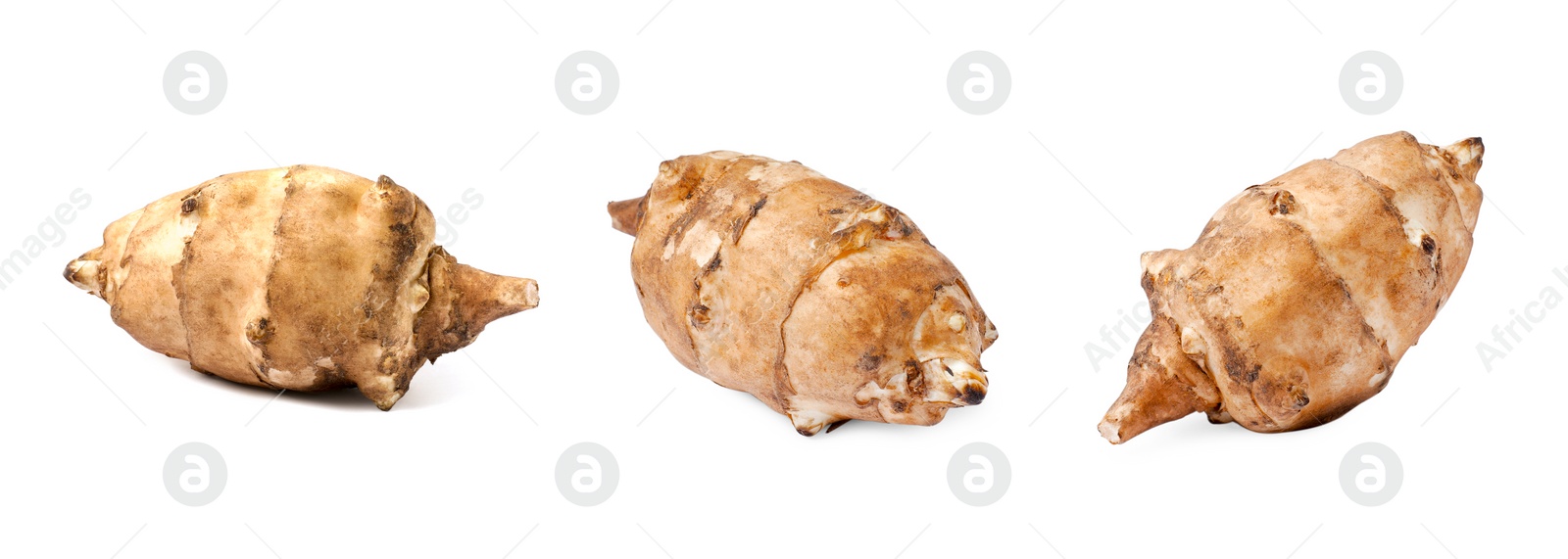 Image of Collage with Jerusalem artichokes on white background