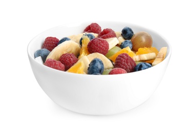 Photo of Fresh tasty fruit salad on white background