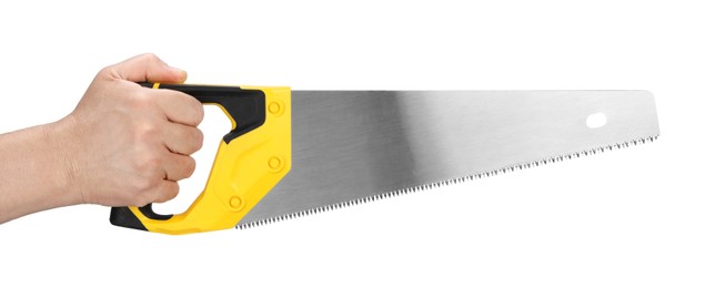 Man holding saw with yellow handle isolated on white, closeup