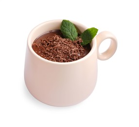 Photo of Cup of delicious hot chocolate with mint on white background