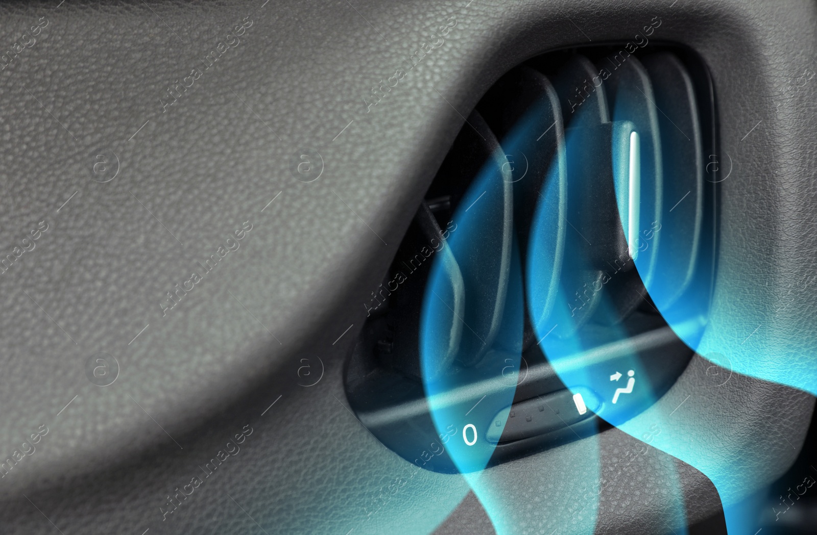 Image of Closeup view of conditioning system in car and illustration of cool air flow