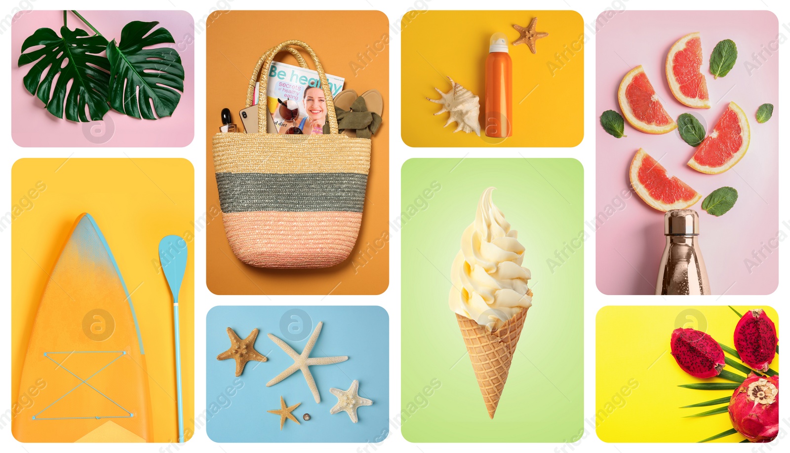 Image of Collage with ice cream, SUP board, fruits and beach accessories. Summertime, banner design
