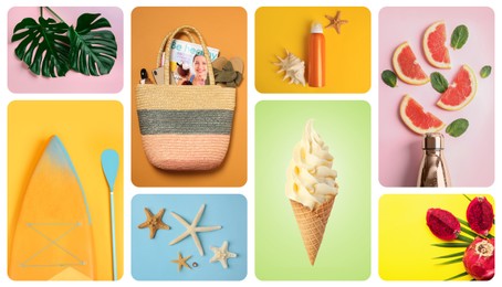 Image of Collage with ice cream, SUP board, fruits and beach accessories. Summertime, banner design