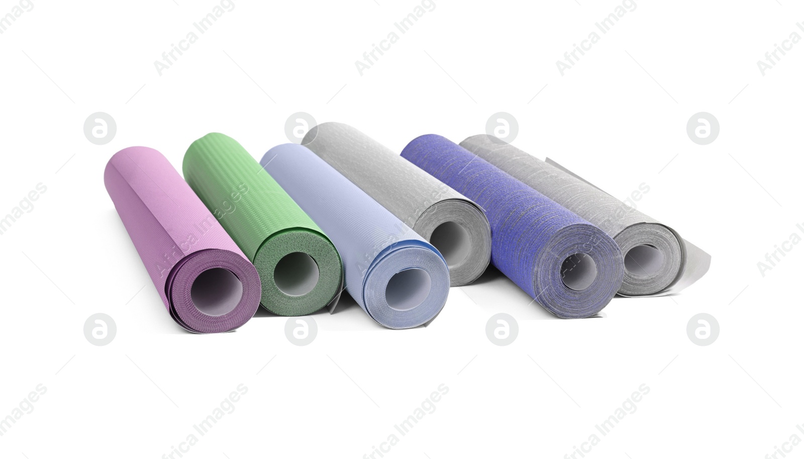 Image of Different colorful wallpaper rolls isolated on white