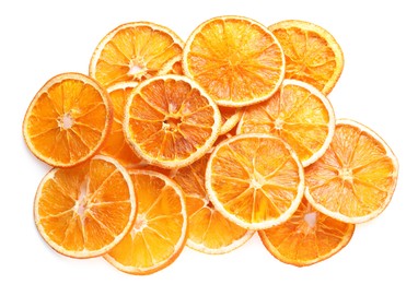 Photo of Delicious dry orange slices on white background, top view