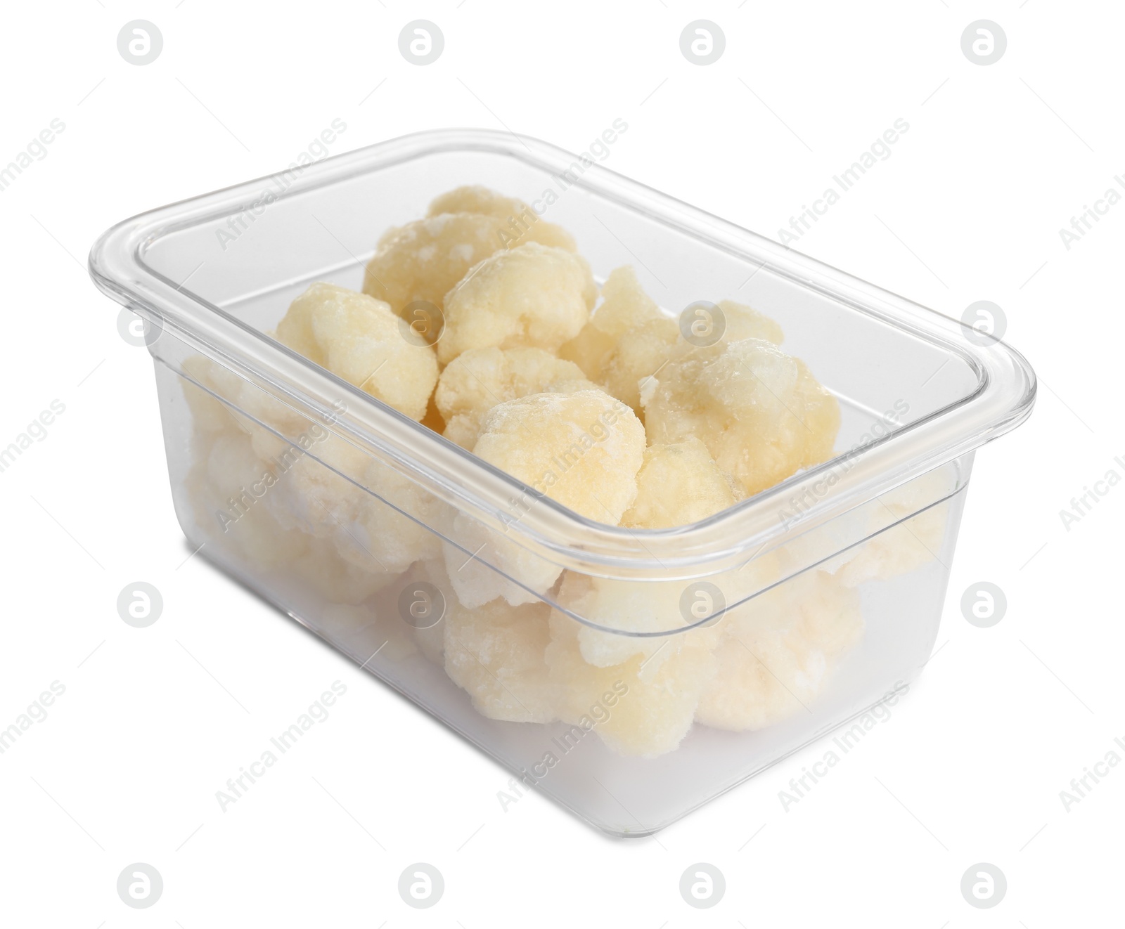 Photo of Frozen cauliflower florets in plastic container isolated on white. Vegetable preservation