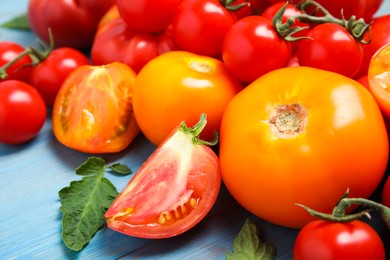 Photo of Many different ripe tomatoes on light blue wooden table, closeup