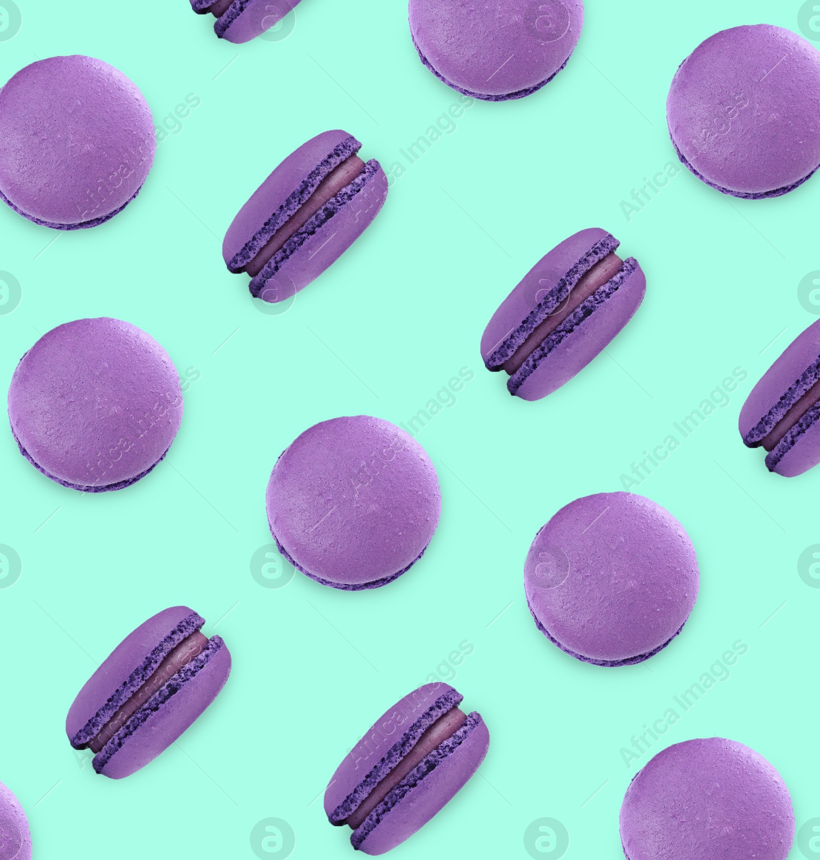 Image of Delicious macarons on turquoise background, flat lay 